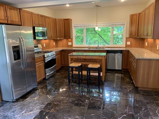 Interior, Kitchen, Marble, Pendant Lights, Recessed Lighting, Stainless Steel Appliances