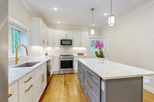 Interior, Kitchen, Pendant Lights, Recessed Lighting, Stainless Steel Appliances, Wood Texture Flooring