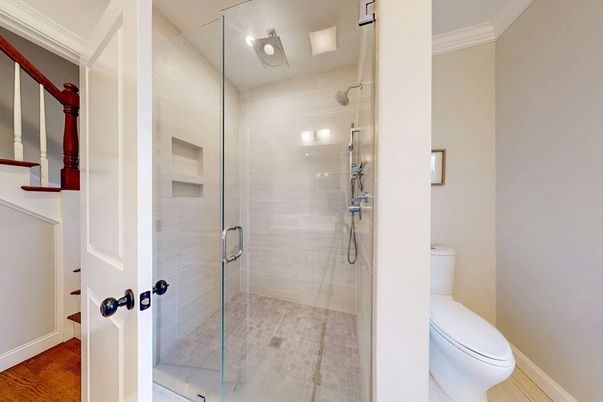 Bathroom, Glass Shower, Interior, Wood Texture Flooring