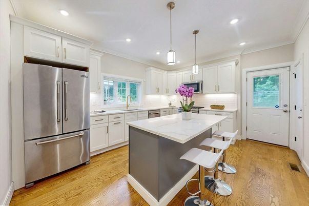 Interior, Kitchen, Pendant Lights, Recessed Lighting, Stainless Steel Appliances, Wood Texture Flooring
