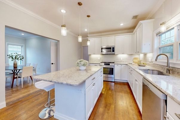 Dining room, Interior, Kitchen, Pendant Lights, Recessed Lighting, Stainless Steel Appliances, Wood Texture Flooring
