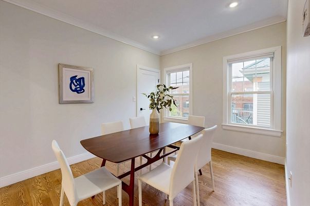 Dining room, Interior, Recessed Lighting, Wood Texture Flooring