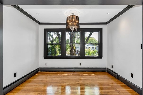 Chandelier, Empty room, Interior, Recessed Lighting, Wood Texture Flooring