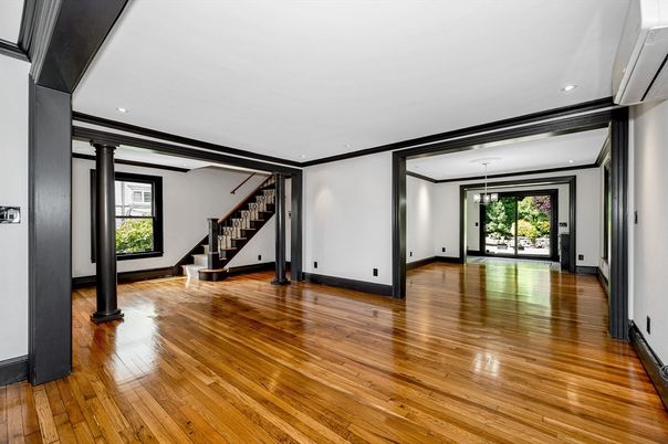 Empty room, Interior, Pendant Lights, Recessed Lighting, Wood Texture Flooring
