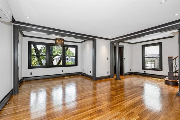 Chandelier, Empty room, Interior, Recessed Lighting, Wood Texture Flooring