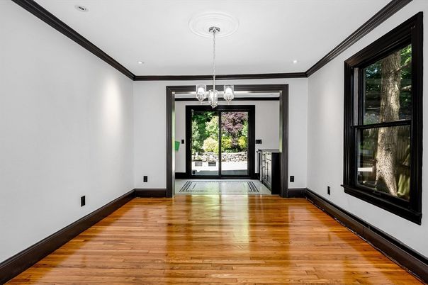 Chandelier, Empty room, Interior, Recessed Lighting, Wood Texture Flooring