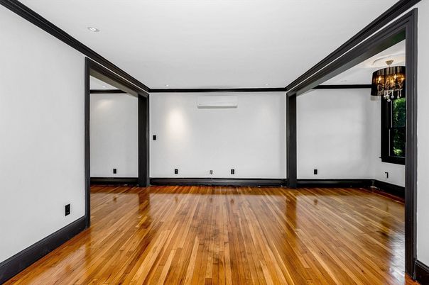Chandelier, Empty room, Interior, Recessed Lighting, Wood Texture Flooring