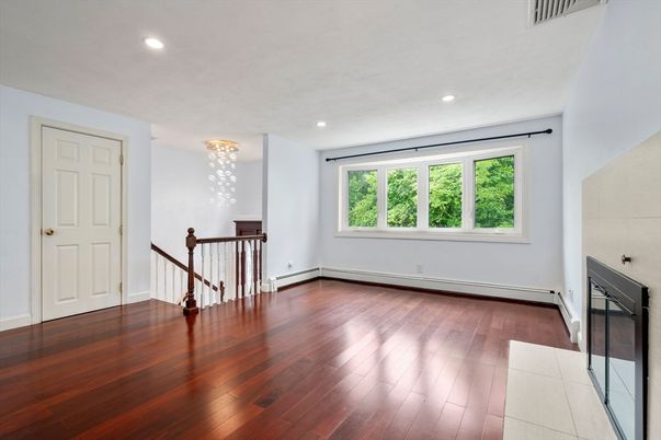 Empty room, Fireplace, Interior, Recessed Lighting, Wood Texture Flooring