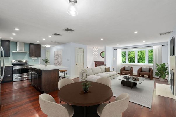 Dining room, Interior, Kitchen, Living room, Recessed Lighting, Stainless Steel Appliances, Wood Texture Flooring