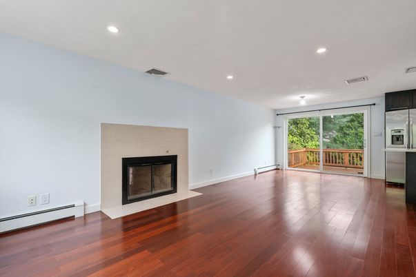 Empty room, Fireplace, Interior, Recessed Lighting, Wood Texture Flooring