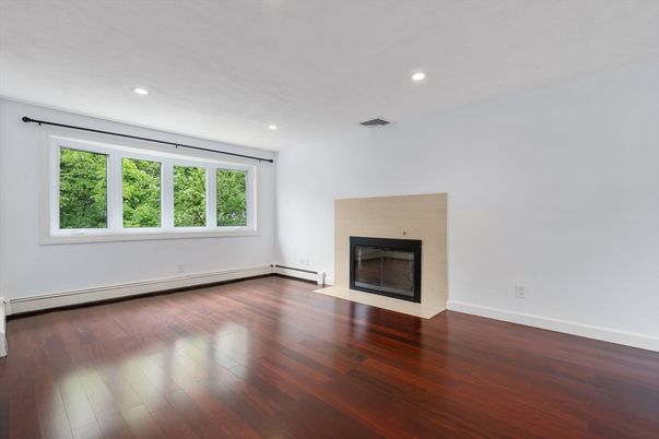 Empty room, Fireplace, Interior, Recessed Lighting, Wood Texture Flooring