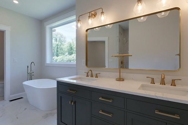 Bathroom, Dual Sink Vanities, Free Standing Baths, Interior, Marble, Recessed Lighting