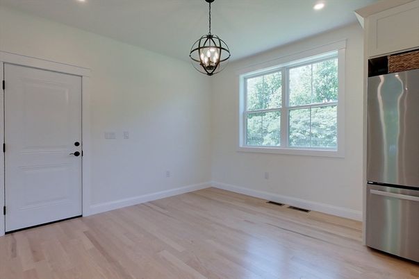 Empty room, Interior, Pendant Lights, Recessed Lighting, Wood Texture Flooring