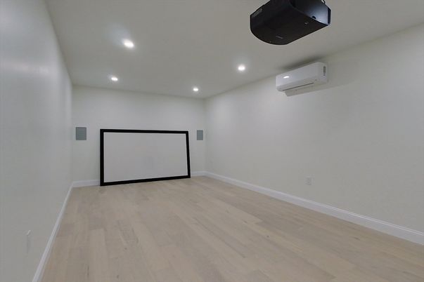 Empty room, Interior, Projection Screen, Recessed Lighting, Wood Texture Flooring