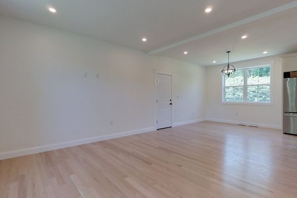 Chandelier, Empty room, Interior, Recessed Lighting, Wood Texture Flooring