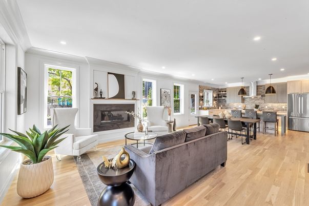 Dining room, Fireplace, Interior, Kitchen, Living room, Pendant Lights, Recessed Lighting, Stainless Steel Appliances, Wood Texture Flooring