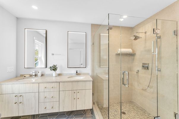 Bathroom, Dual Sink Vanities, Glass Shower, Interior, Recessed Lighting