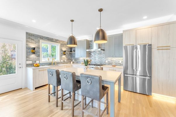 Interior, Kitchen, Pendant Lights, Recessed Lighting, Stainless Steel Appliances, Stone Walls, Wood Texture Flooring