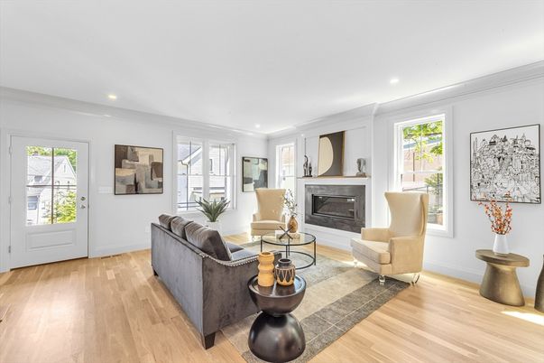Fireplace, Interior, Living room, Recessed Lighting, Wood Texture Flooring