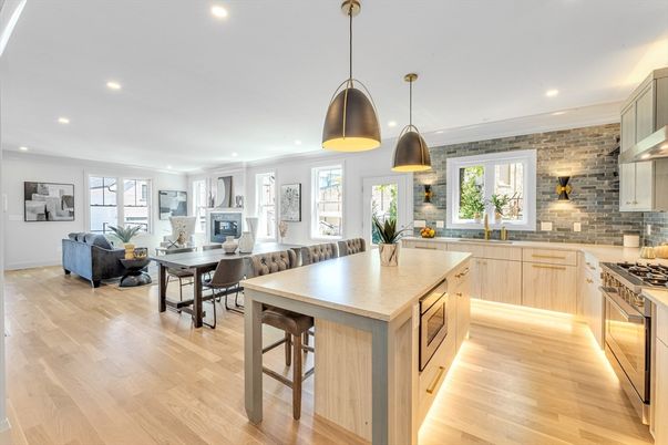 Dining room, Interior, Kitchen, Living room, Pendant Lights, Recessed Lighting, Stainless Steel Appliances, Stone Walls, Wood Texture Flooring