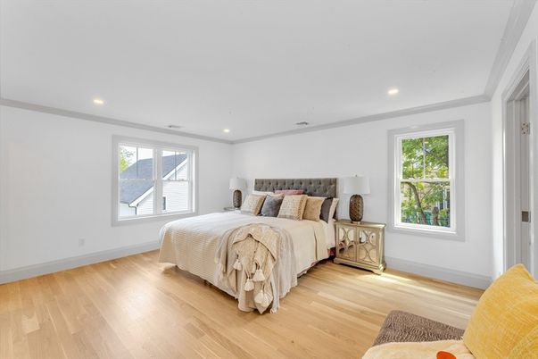 Bedroom, Interior, Recessed Lighting, Wood Texture Flooring