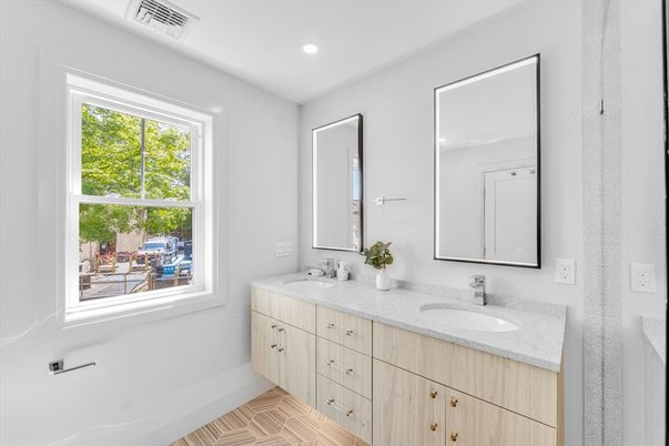 Bathroom, Dual Sink Vanities, Interior, Recessed Lighting, Wood Texture Flooring