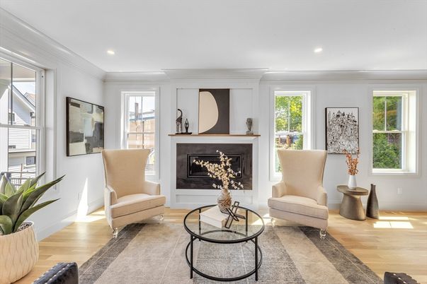 Fireplace, Interior, Living room, Recessed Lighting, Wood Texture Flooring