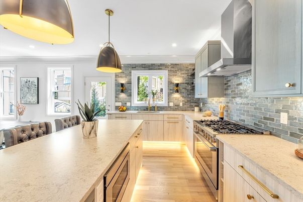 Interior, Kitchen, Pendant Lights, Recessed Lighting, Stainless Steel Appliances, Wood Texture Flooring