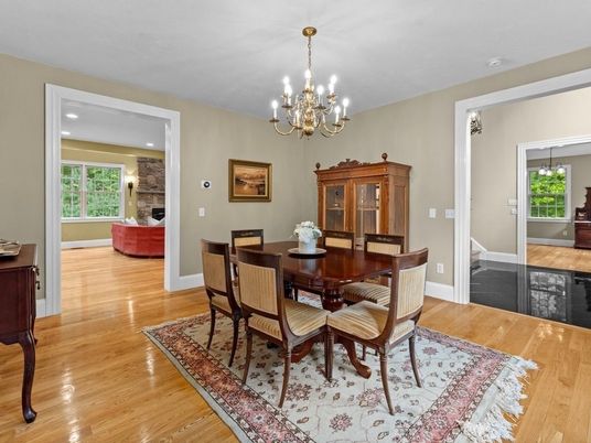 Chandelier, Dining room, Fireplace, Interior, Recessed Lighting, Wood Texture Flooring