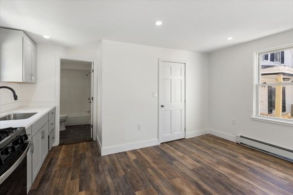 Bathroom, Empty room, Interior, Kitchen, Recessed Lighting, Wood Texture Flooring