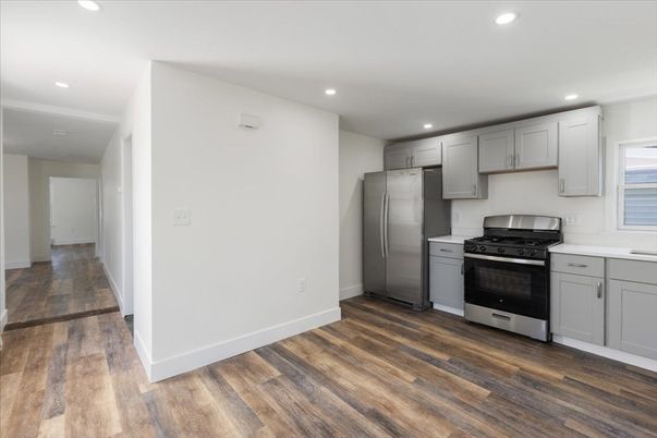 Interior, Kitchen, Recessed Lighting, Stainless Steel Appliances, Wood Texture Flooring