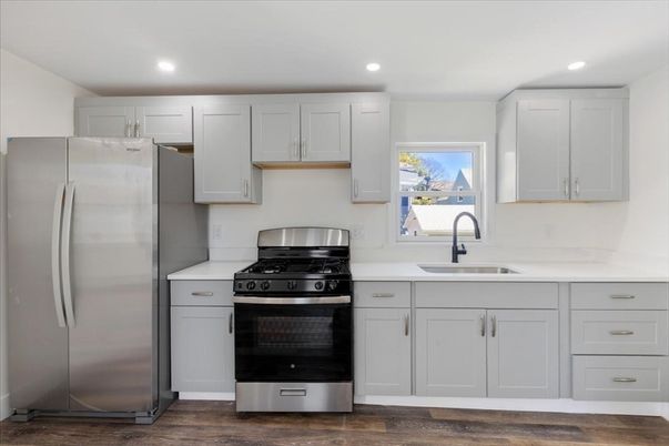 Interior, Kitchen, Recessed Lighting, Stainless Steel Appliances, Wood Texture Flooring