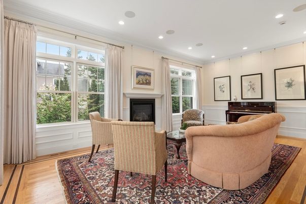 Fireplace, Interior, Living room, Piano, Recessed Lighting, Wood Texture Flooring