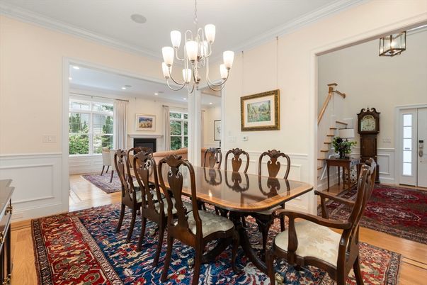 Chandelier, Dining room, Fireplace, Interior, Recessed Lighting, Wood Texture Flooring