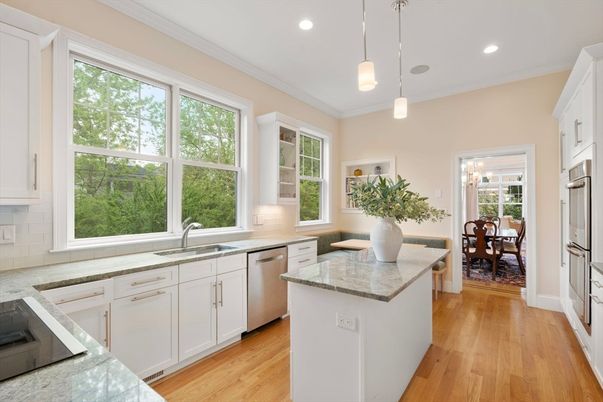 Dining room, Interior, Kitchen, Pendant Lights, Recessed Lighting, Stainless Steel Appliances, Wood Texture Flooring