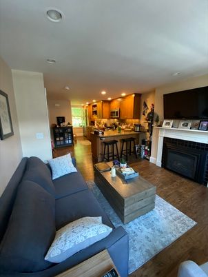 Fireplace, Interior, Kitchen, Living room, Recessed Lighting, Wood Texture Flooring