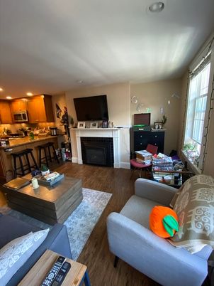 Fireplace, Interior, Kitchen, Living room, Recessed Lighting, Wood Texture Flooring