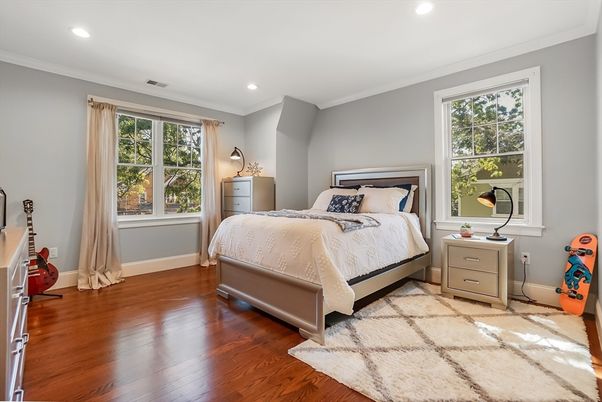 Bedroom, Interior, Recessed Lighting, Wood Texture Flooring