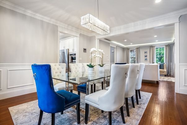 Chandelier, Dining room, Interior, Kitchen, Living room, Pendant Lights, Recessed Lighting, Stainless Steel Appliances, Wood Texture Flooring