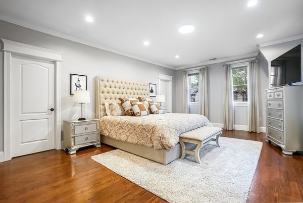 Bedroom, Interior, Recessed Lighting, Wood Texture Flooring
