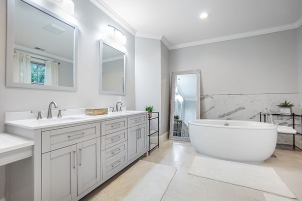 Bathroom, Dual Sink Vanities, Free Standing Baths, Interior, Marble, Marble Walls, Recessed Lighting