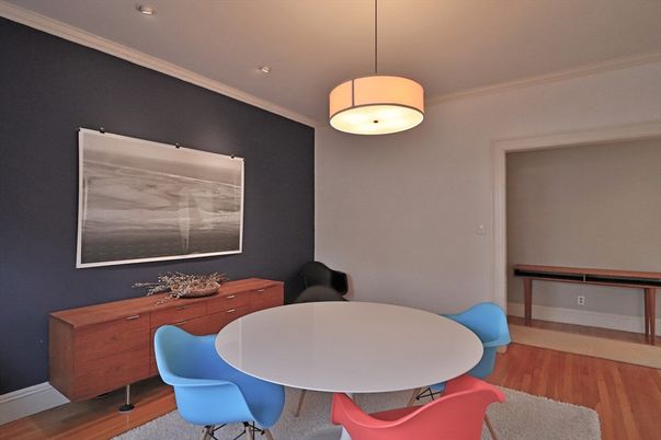 Dining room, Interior, Pendant Lights, Recessed Lighting, Wood Texture Flooring