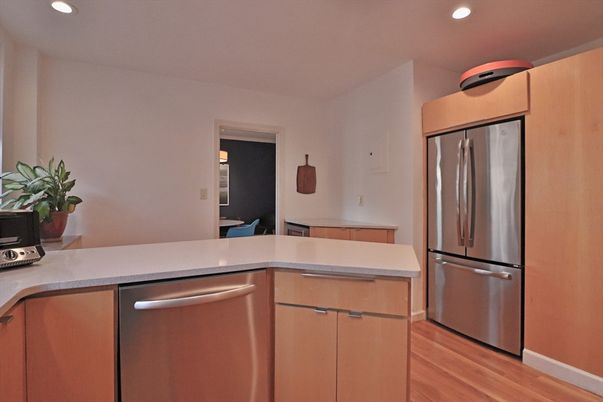 Interior, Kitchen, Recessed Lighting, Stainless Steel Appliances, Wood Texture Flooring