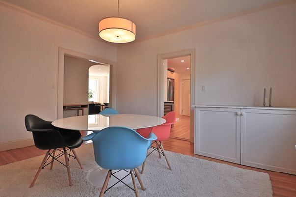 Dining room, Interior, Pendant Lights, Recessed Lighting, Wood Texture Flooring
