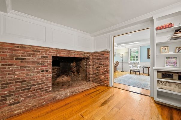 Fireplace, Interior, Recessed Lighting, Stone Walls, Wood Texture Flooring