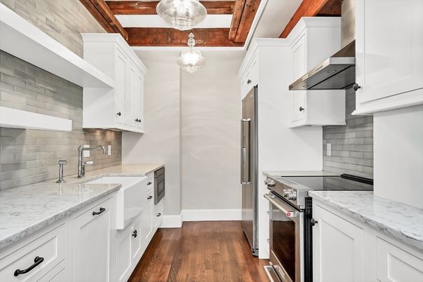 Interior, Kitchen, Pendant Lights, Stainless Steel Appliances, Wooden Beams, Wooden Ceilings, Wood Texture Flooring