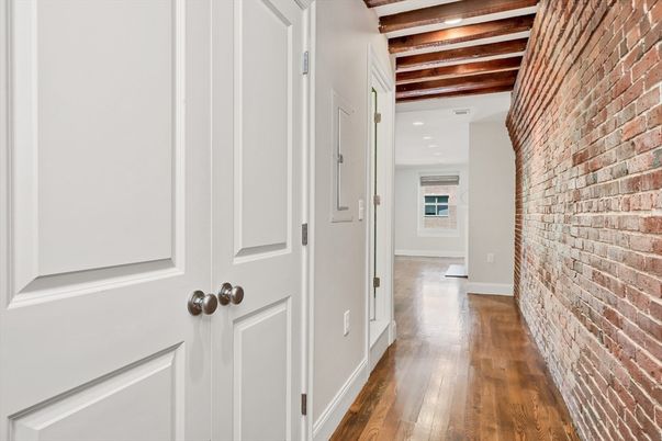 Interior, Recessed Lighting, Stone Walls, Wooden Beams, Wood Texture Flooring