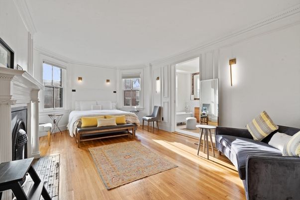 Bedroom, Fireplace, Interior, Wood Texture Flooring