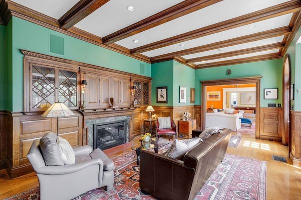 Fireplace, Interior, Living room, Recessed Lighting, Wooden Beams, Wood Texture Flooring