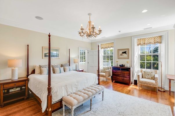Bedroom, Chandelier, Interior, Recessed Lighting, Wood Texture Flooring